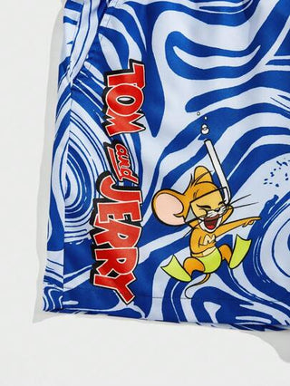 TOM & JERRY X SHEIN قطعة واحدة شورت أزرق داكن وأبيض بخطوط كرتونية لأجواء الصيف والعطلات الشاطئية، طراز هاواي، مع سحاب خصر
