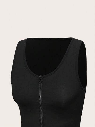 لانجيري حريمي SuitURBody جمبسوت قصيرة بدون أكمام للنساء ذات لون أحادي وزيبر في الرقبة المستديرة ، مُحكمة الملائمة بشكل مثير