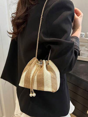 حقيبة كروس صغيرة بسلسلة وتصميم قماش مخطط للموضة