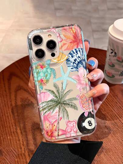 قضية شفافة متوافقة مع هواتف آيفون من 16 إلى 15 برو ماكس وهواتف سامسونج من سلسلة A و S ، مزخرفة بطبعة أشجار جوز الهند والخطوط الصيفية والأزهار