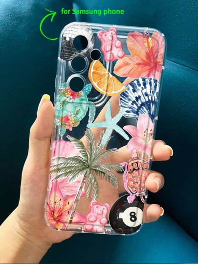 قضية شفافة متوافقة مع هواتف آيفون من 16 إلى 15 برو ماكس وهواتف سامسونج من سلسلة A و S ، مزخرفة بطبعة أشجار جوز الهند والخطوط الصيفية والأزهار