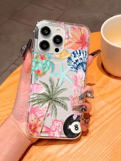 قضية شفافة متوافقة مع هواتف آيفون من 16 إلى 15 برو ماكس وهواتف سامسونج من سلسلة A و S ، مزخرفة بطبعة أشجار جوز الهند والخطوط الصيفية والأزهار