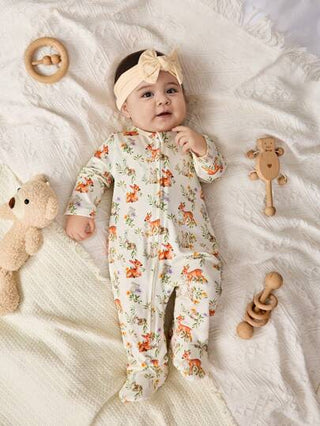 Cozy Pixies رومبير طفل حديث الولادة ولد/بنت مطبوع عليه طبعات حيوانات كرتونية بأكمام طويلة رقبة دائرية وبنطال طويل من القماش الناعم المحبوك