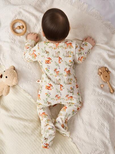 Cozy Pixies رومبير طفل حديث الولادة ولد/بنت مطبوع عليه طبعات حيوانات كرتونية بأكمام طويلة رقبة دائرية وبنطال طويل من القماش الناعم المحبوك