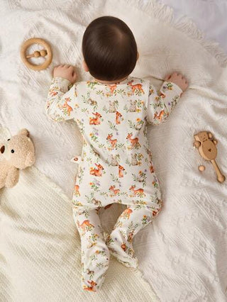 Cozy Pixies رومبير طفل حديث الولادة ولد/بنت مطبوع عليه طبعات حيوانات كرتونية بأكمام طويلة رقبة دائرية وبنطال طويل من القماش الناعم المحبوك