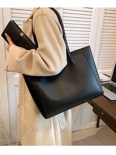 حقيبة كتف ذات سعة كبيرة باللون الأحادي ذات طابع قديم للنساء، شعار بطباعة الذهب، سلسلة معدنية على الحزام، حقيبة كتف عملية للاستخدام اليومي أو للعمل، مناسبة للخريف والشتاء