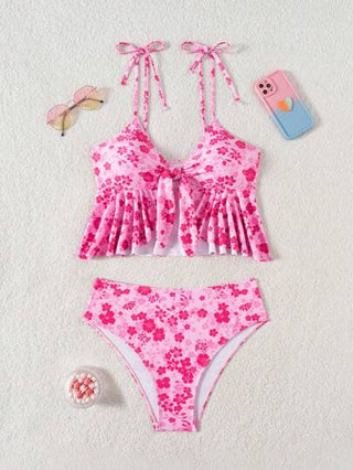 طقم تانكيني حريمي Swim Mod تانكيني مزين بالرشرشات مع حمالات للنساء ، تانكيني طباعة زهور وردية للشاطئ والعطلات مع خصر عالي متقاطع