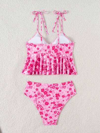 طقم تانكيني حريمي Swim Mod تانكيني مزين بالرشرشات مع حمالات للنساء ، تانكيني طباعة زهور وردية للشاطئ والعطلات مع خصر عالي متقاطع