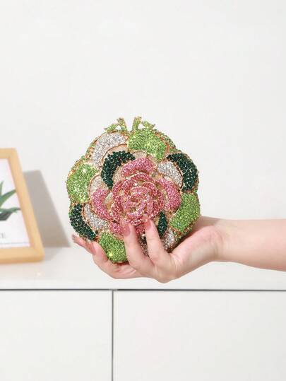 حقيبة مسائية صغيرة أنيقة قطعة واحدة، بتصميم زهرة من الراين، مناسبة للحفلات والسهرات، حقيبة مسائية فاخرة مصنوعة يدويًا من البلور المعدني، حقيبة مسائية مرصعة بالراين للنساء، حقيبة يد لامعة/جديدة، مناسبة للعروس/هدية