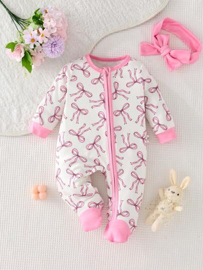 SHEIN طقم مكون من 2 قطعة للأطفال الرضع البنات، رومبير كاملة الأطراف مع رقبة دائرية وأكمام طويلة وسحاب أمامي وعلامة بيضاوية، مع شريط للرأس، بألوان متباينة وطبعة الفيونكة البسيطة
