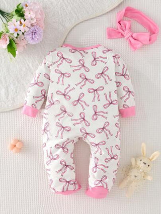SHEIN طقم مكون من 2 قطعة للأطفال الرضع البنات، رومبير كاملة الأطراف مع رقبة دائرية وأكمام طويلة وسحاب أمامي وعلامة بيضاوية، مع شريط للرأس، بألوان متباينة وطبعة الفيونكة البسيطة