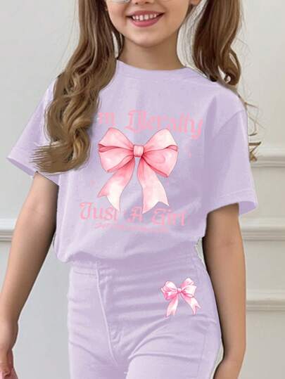 ملابس بناتي مجموعة بنطلون ولباس علوي قصيرة الأكمام مبسطة لإطلالة عفوية مناسبة للبنات المراهقات للصيف، 2 قطعة