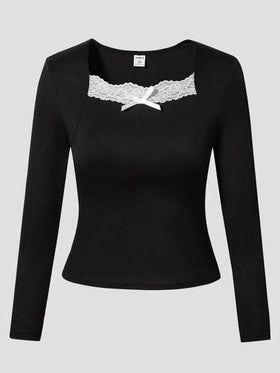 SHEIN ملابس علوية سيدات المراهقات، بياقة مربعة مزينة بالدانتيل، بأكمام طويلة ضيقة، أنيقة وعصرية، مناسبة للمراهقات والسيدات الشابات