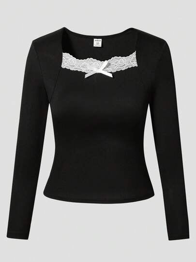 SHEIN ملابس علوية سيدات المراهقات، بياقة مربعة مزينة بالدانتيل، بأكمام طويلة ضيقة، أنيقة وعصرية، مناسبة للمراهقات والسيدات الشابات