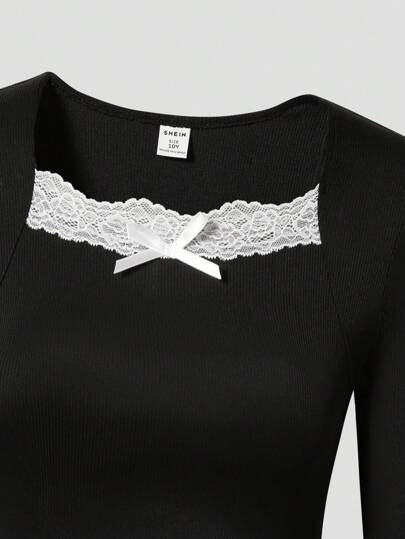 SHEIN ملابس علوية سيدات المراهقات، بياقة مربعة مزينة بالدانتيل، بأكمام طويلة ضيقة، أنيقة وعصرية، مناسبة للمراهقات والسيدات الشابات
