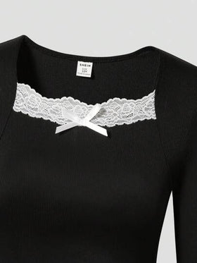 SHEIN ملابس علوية سيدات المراهقات، بياقة مربعة مزينة بالدانتيل، بأكمام طويلة ضيقة، أنيقة وعصرية، مناسبة للمراهقات والسيدات الشابات