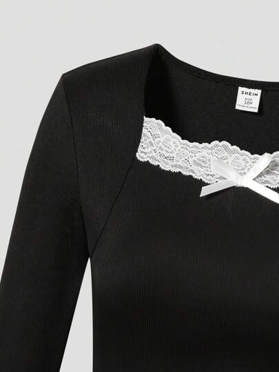 SHEIN ملابس علوية سيدات المراهقات، بياقة مربعة مزينة بالدانتيل، بأكمام طويلة ضيقة، أنيقة وعصرية، مناسبة للمراهقات والسيدات الشابات