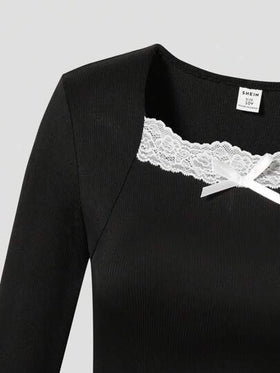 SHEIN ملابس علوية سيدات المراهقات، بياقة مربعة مزينة بالدانتيل، بأكمام طويلة ضيقة، أنيقة وعصرية، مناسبة للمراهقات والسيدات الشابات