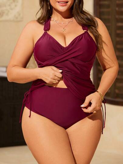 Swim Lushoire بدلة سباحة بالكامل بخطوط متداخلة وأشرطة متقاطعة، مناسبة للسيدات البدينات في فصل الصيف