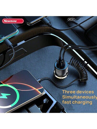 Newmine شاحن سيارة KC31 حماية أمان متعددة 78 وات طاقة عالية هيكل سلكي مرن TPE حلقة إضاءة LED USB + PD + PD شحن سريع بثلاثة منافذ أسود