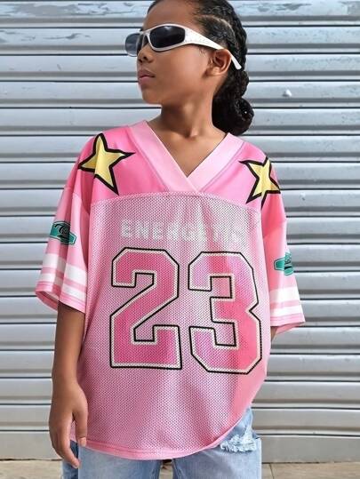 ملابس بناتي Coolane Kids تي شيرت كاجوال للفتيات المراهقات باللون الأحادي والرقعات، ذو ياقة على شكل حرف V وأكمام قصيرة بطباعة شعارية