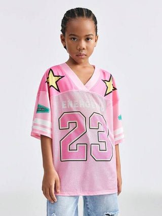 ملابس بناتي Coolane Kids تي شيرت كاجوال للفتيات المراهقات باللون الأحادي والرقعات، ذو ياقة على شكل حرف V وأكمام قصيرة بطباعة شعارية