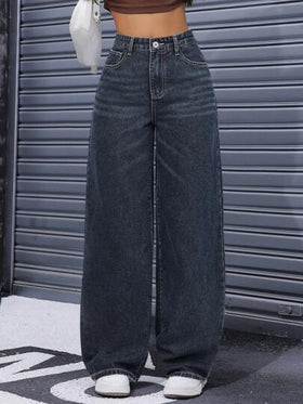 SHEIN ICON بنطال جينز مستقيم الساق عالي الخصر مغسول بشكل كاجوال