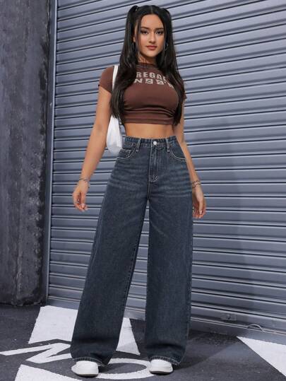 SHEIN ICON بنطال جينز مستقيم الساق عالي الخصر مغسول بشكل كاجوال