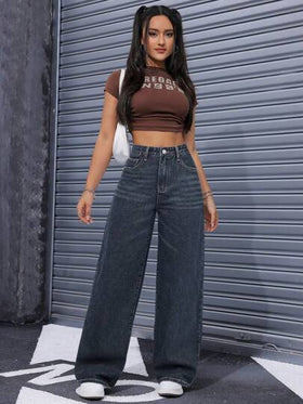SHEIN ICON بنطال جينز مستقيم الساق عالي الخصر مغسول بشكل كاجوال