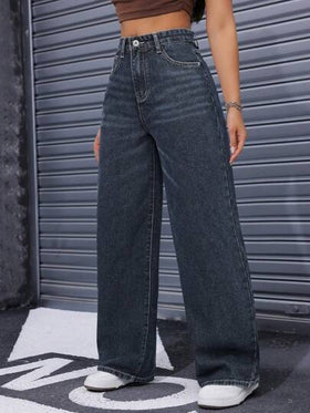 SHEIN ICON بنطال جينز مستقيم الساق عالي الخصر مغسول بشكل كاجوال