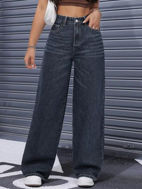 SHEIN ICON بنطال جينز مستقيم الساق عالي الخصر مغسول بشكل كاجوال