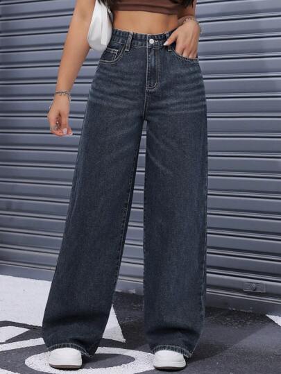 SHEIN ICON بنطال جينز مستقيم الساق عالي الخصر مغسول بشكل كاجوال