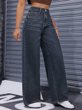 SHEIN ICON بنطال جينز مستقيم الساق عالي الخصر مغسول بشكل كاجوال