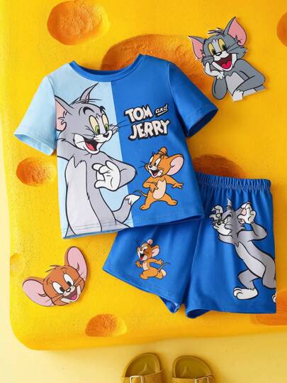 TOM & JERRY X طقم تيشيرت كاجوال قصير الأكمام وشورت للأطفال الرضع ذو تصميم لطيف بطبعات كرتونية حواف ملونة