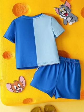 TOM & JERRY X طقم تيشيرت كاجوال قصير الأكمام وشورت للأطفال الرضع ذو تصميم لطيف بطبعات كرتونية حواف ملونة