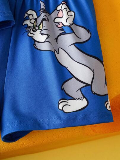 TOM & JERRY X طقم تيشيرت كاجوال قصير الأكمام وشورت للأطفال الرضع ذو تصميم لطيف بطبعات كرتونية حواف ملونة