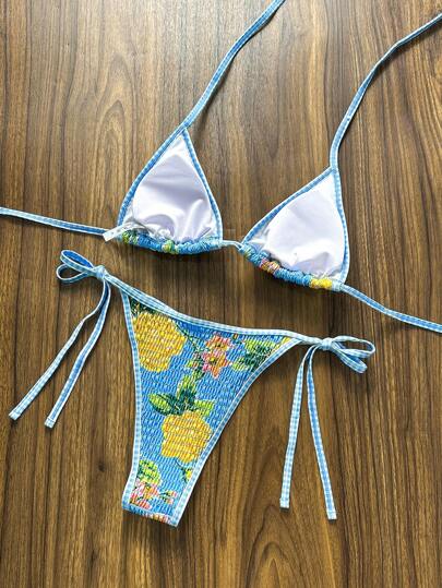Swim Mod مجموعة بكيني نسائية مطبوعة بزهور، بكيني ثلاثي الزواية بربطة جانبية ، بكيني قماش مقنع ذو ملمس منقط مناسب لارتداء الشاطئ في العطلات
