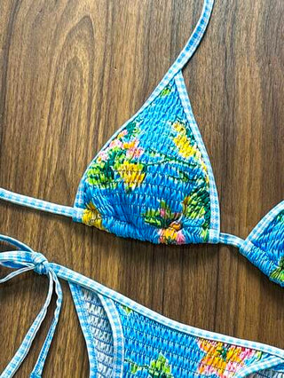 Swim Mod مجموعة بكيني نسائية مطبوعة بزهور، بكيني ثلاثي الزواية بربطة جانبية ، بكيني قماش مقنع ذو ملمس منقط مناسب لارتداء الشاطئ في العطلات
