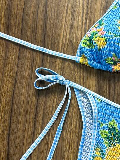 Swim Mod مجموعة بكيني نسائية مطبوعة بزهور، بكيني ثلاثي الزواية بربطة جانبية ، بكيني قماش مقنع ذو ملمس منقط مناسب لارتداء الشاطئ في العطلات