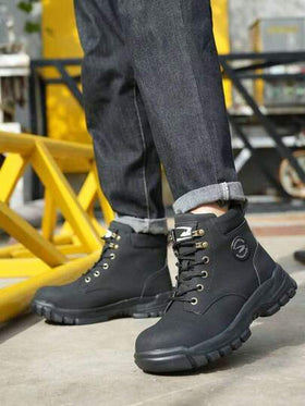 بوت أمان للرجال، بوت عمل ب، بوت بنصل فولاذي، بوت تنزه وتخييم للرجال، بوت جلد مايكروفايبر عالية الكاحل باللون الأسود مع نعل إيفا، مناسبة للخارج والتعدين والبناء والتنزه والصيد، للربيع/الخريف/الشتاء