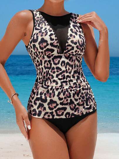 طقم تانكيني حريمي Swim Lushoire بيكيني نسائي قطعتين – سترة علوية مثلثة والسفلية مطبوع برسومات النمر مع تقسيمات شبكية وسحاب