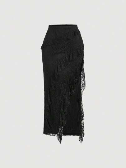 SHEIN MOD تنورة نسائية سوداء مكشكشة ذات شق عالي مزينة بالدانتيل، مناسبة لرأس السنة، عيد الميلاد، الحفلات، عطلة الشاطئ، الملابس، الملابس الشارعية النسائية، ملابس عيد الحب للنساء