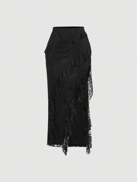 SHEIN MOD تنورة نسائية سوداء مكشكشة ذات شق عالي مزينة بالدانتيل، مناسبة لرأس السنة، عيد الميلاد، الحفلات، عطلة الشاطئ، الملابس، الملابس الشارعية النسائية، ملابس عيد الحب للنساء