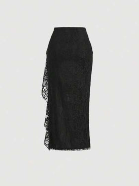 SHEIN MOD تنورة نسائية سوداء مكشكشة ذات شق عالي مزينة بالدانتيل، مناسبة لرأس السنة، عيد الميلاد، الحفلات، عطلة الشاطئ، الملابس، الملابس الشارعية النسائية، ملابس عيد الحب للنساء