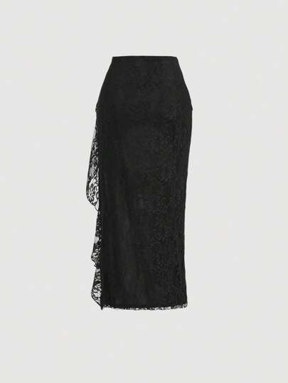 SHEIN MOD تنورة نسائية سوداء مكشكشة ذات شق عالي مزينة بالدانتيل، مناسبة لرأس السنة، عيد الميلاد، الحفلات، عطلة الشاطئ، الملابس، الملابس الشارعية النسائية، ملابس عيد الحب للنساء