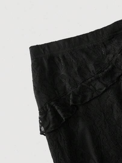 SHEIN MOD تنورة نسائية سوداء مكشكشة ذات شق عالي مزينة بالدانتيل، مناسبة لرأس السنة، عيد الميلاد، الحفلات، عطلة الشاطئ، الملابس، الملابس الشارعية النسائية، ملابس عيد الحب للنساء
