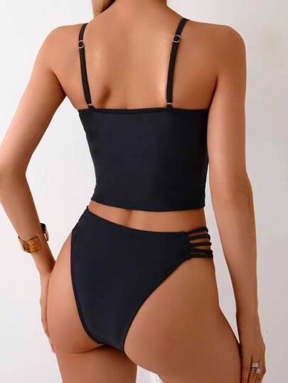 طقم تانكيني حريمي Swim Lushoire طقم بكيني ستريبي بشريط جذب أسود وشورت سباحة بحبال جانبية ثلاثية للنساء، بناطيل شاطئ بقطعتين