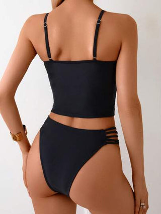 طقم تانكيني حريمي Swim Lushoire طقم بكيني ستريبي بشريط جذب أسود وشورت سباحة بحبال جانبية ثلاثية للنساء، بناطيل شاطئ بقطعتين