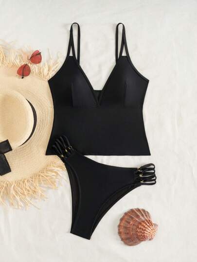 طقم تانكيني حريمي Swim Lushoire طقم بكيني ستريبي بشريط جذب أسود وشورت سباحة بحبال جانبية ثلاثية للنساء، بناطيل شاطئ بقطعتين