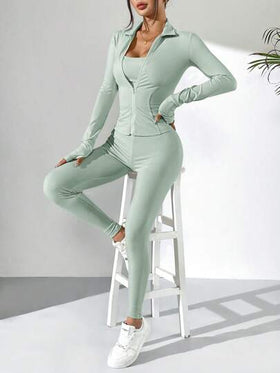 SHEIN EZwear دعسوقة خضراء مجموعة رياضية نسائية مكونة من جاكيت محبوك بأكمام طويلة وسترة وبنطلون رياضي